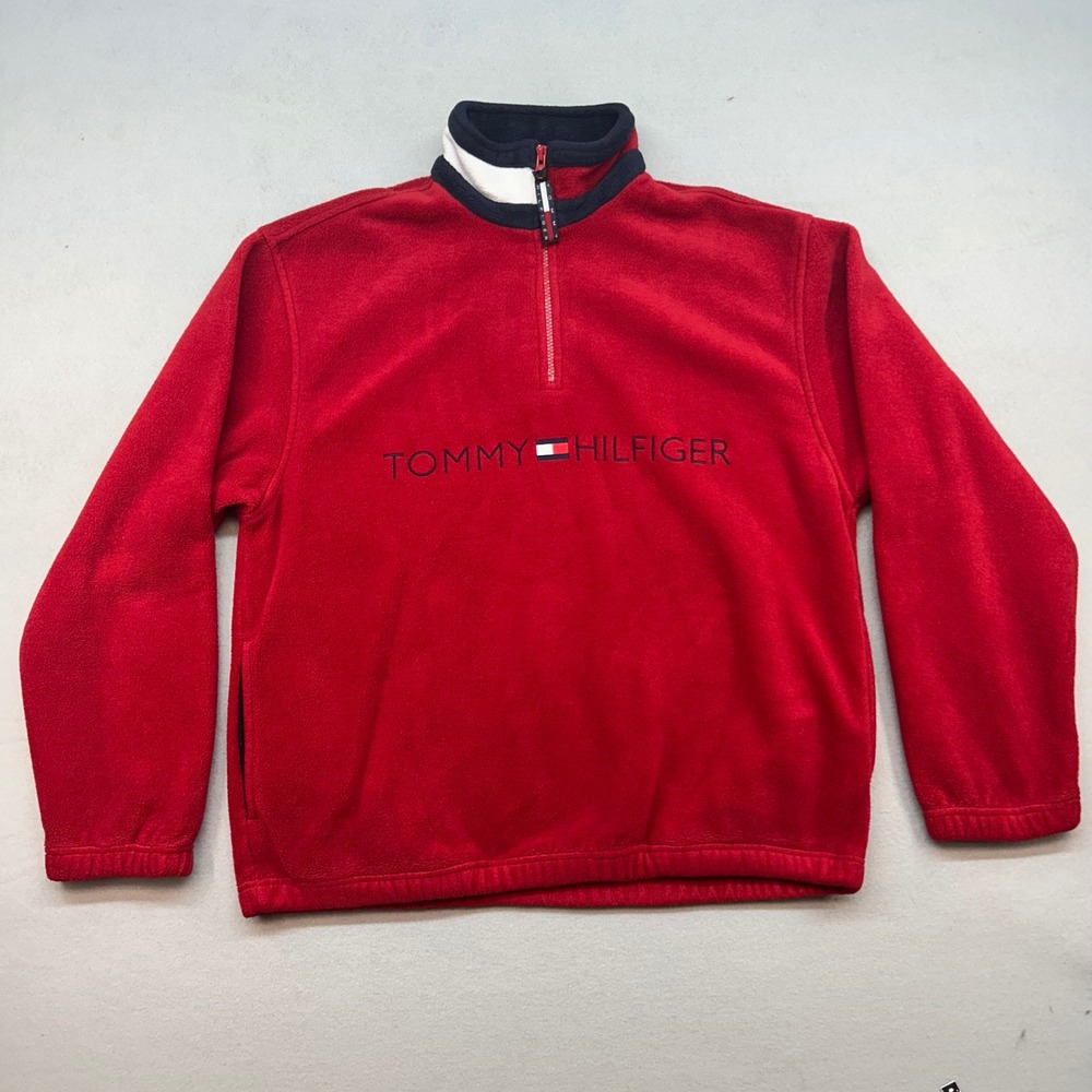 Vintage Tommy Hilfiger Red Quarter Zip Fleece Pullover Mens Small Logo 90s